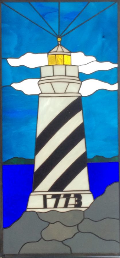 custom order stained glass light house