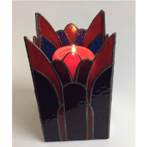 red and blue stained glass candle holder